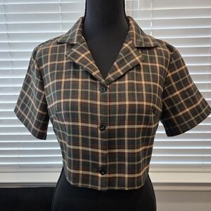 ROMWE Green and Red Plaid Cropped Shirt